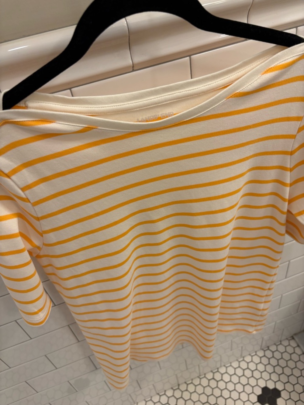 Lands’ End Supima Cotton Boat Neck Top Yellow Stripe Button Shoulder M - Picture 5 of 8